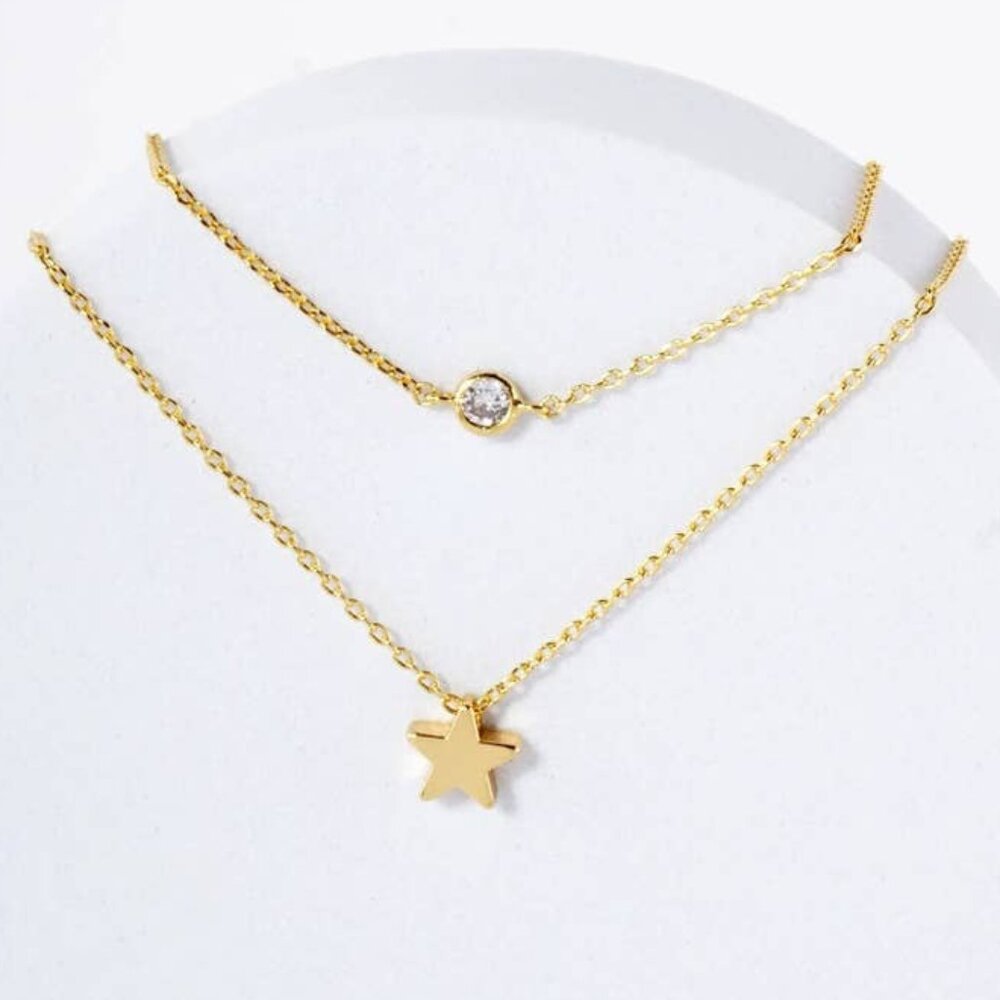 Brass Star Cz Pendant 18K-Gold-Dipped Layered Necklace - Gold